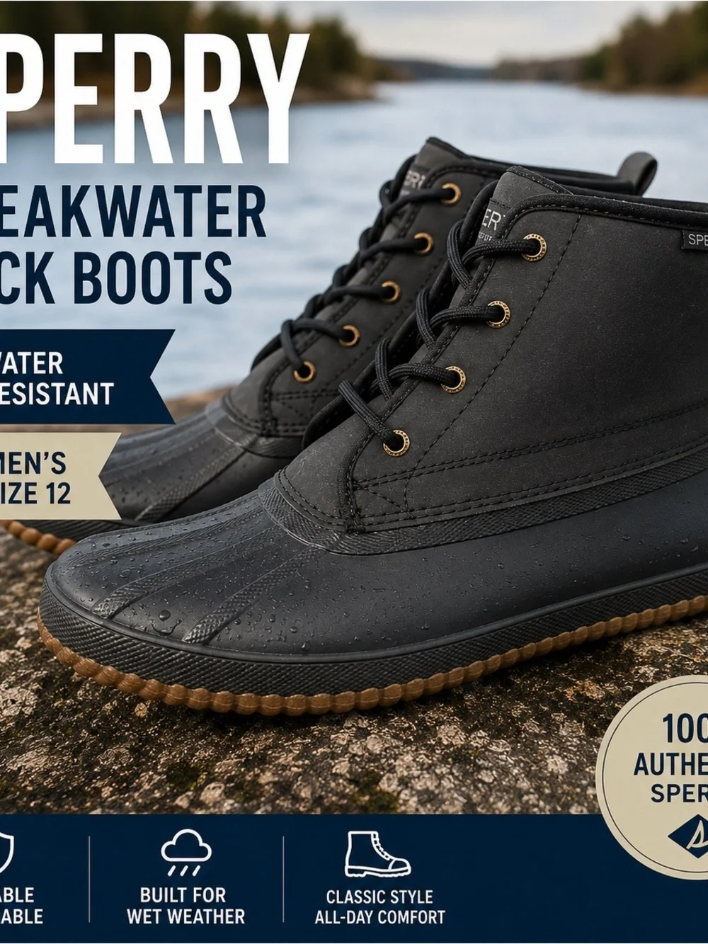 Sperry Breakwater Duck Boots Black Size 12 Men’s Waterproof Rain Boots New